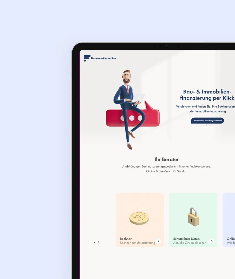 
                   Tablet zeigt Webseite von Finanzmakler.online mit einer Illustration eines Beraters in blauem Anzug, der einen Laptop nutzt.
                   