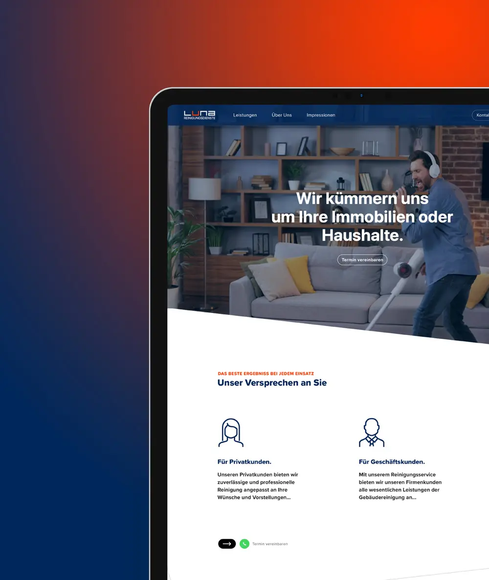 
                   Webseitendarstellung auf einem Tablet, zeigt Mann, der in einem modernen Wohnzimmer tanzt, Text: 'Wir kümmern uns um Ihre Immobilien oder Haushalte.
                   
