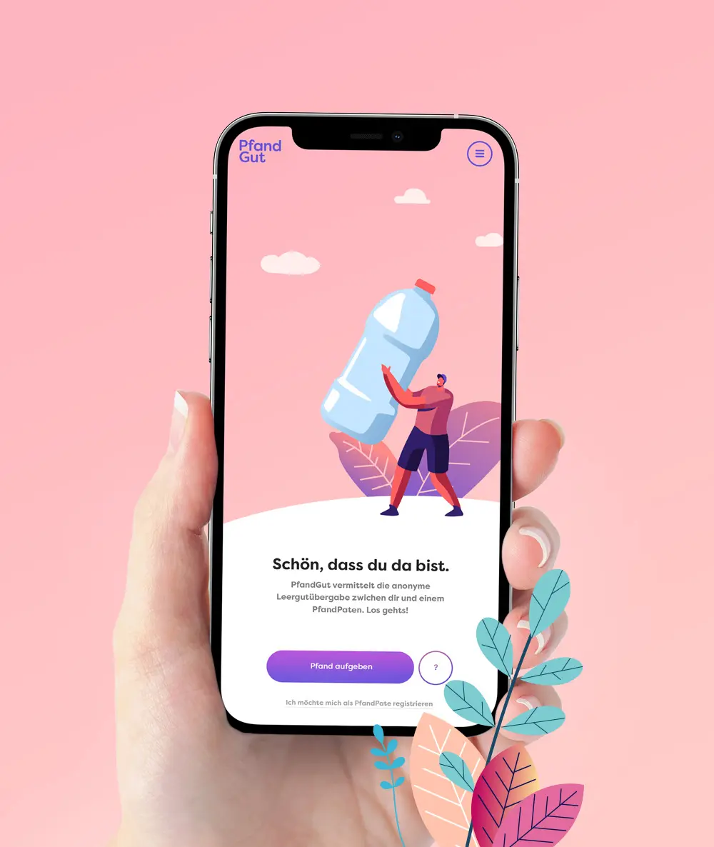 
                   Smartphone in einer Hand, das die 'Pfand Gut' App anzeigt. Auf dem Screen ist eine Grafik einer Person, die eine große Plastikflasche hält, auf rosa Hintergrund.
                   