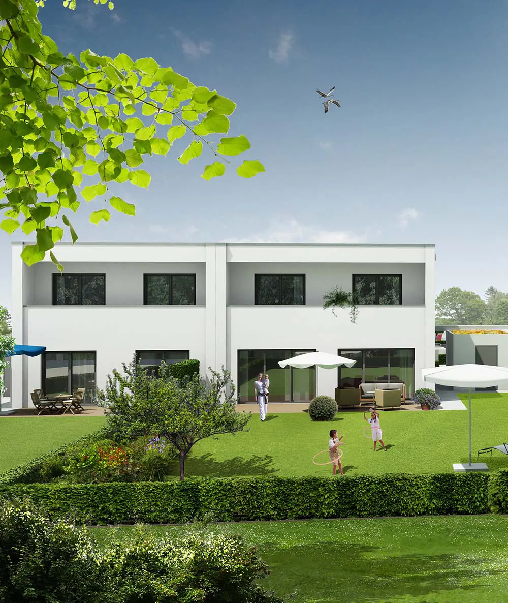 
                   Modernes, weißes Kubus-Architektur Einfamilienhaus mit Garten und spielenden Kindern, repräsentativ für elegantes Webdesign auf der Immobilien-Webseite.
                   