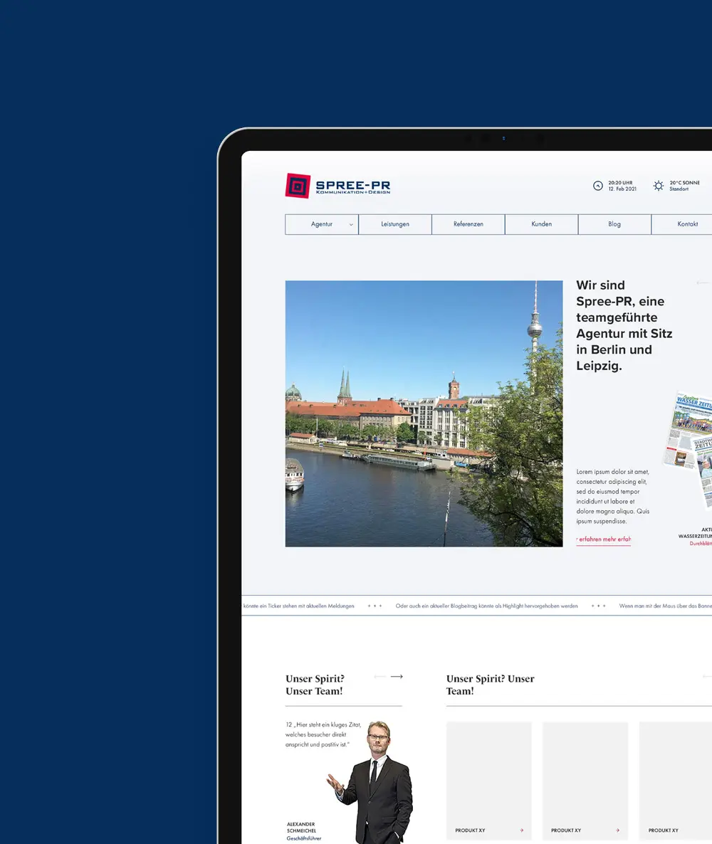 
                   Webseite von Spree-PR auf einem Tablet zeigt eine Luftaufnahme von Berlin und Leipzig, Text: 'Wir sind Spree-PR, eine teamgeführte Agentur mit Sitz in Berlin und Leipzig.'
                   