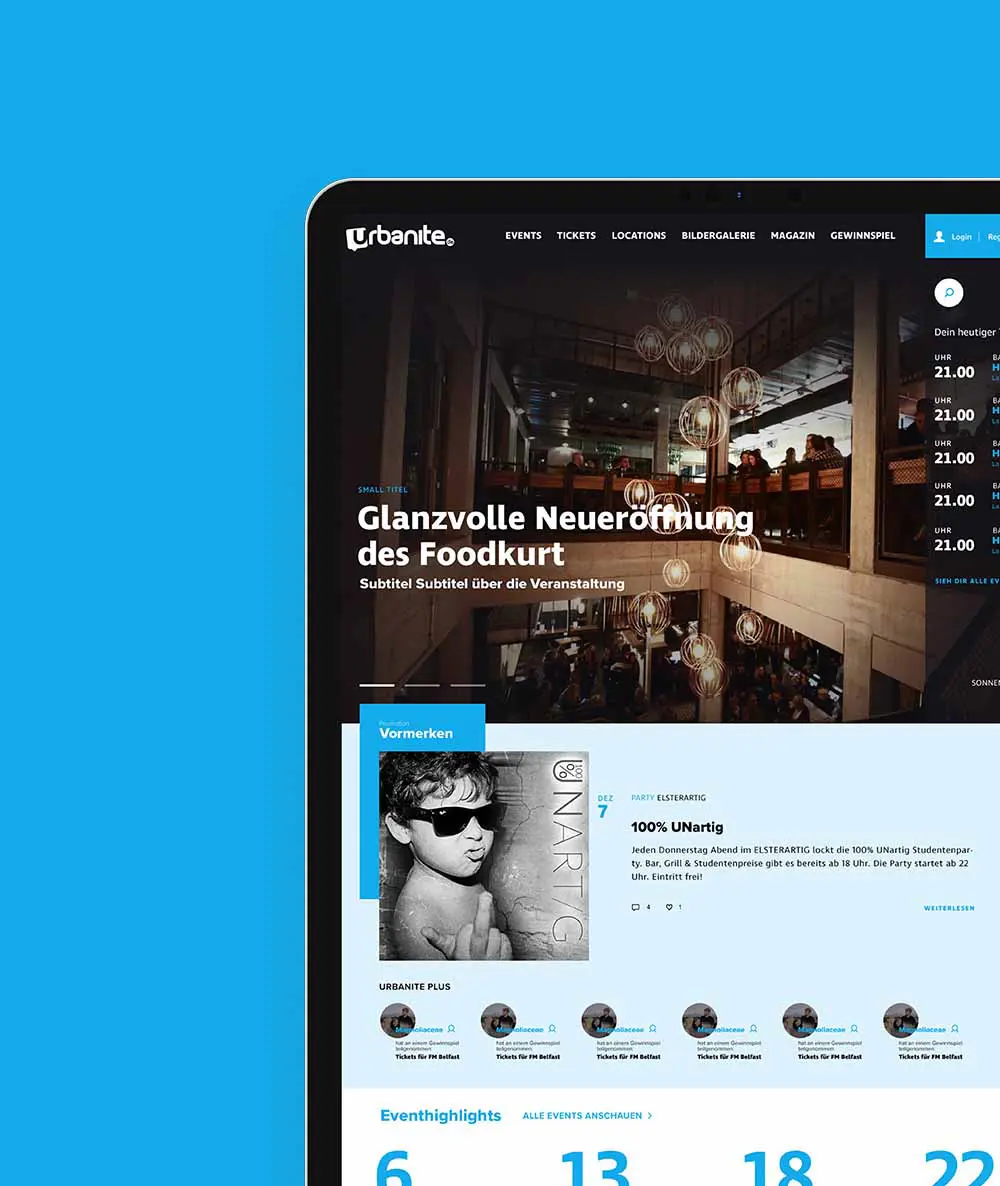 
                   Webseite von Urbanite zeigt eine Restaurant-Szene zur Feier der Neueröffnung eines Restaurants, mit prominent platziertem Veranstaltungstitel.
                   